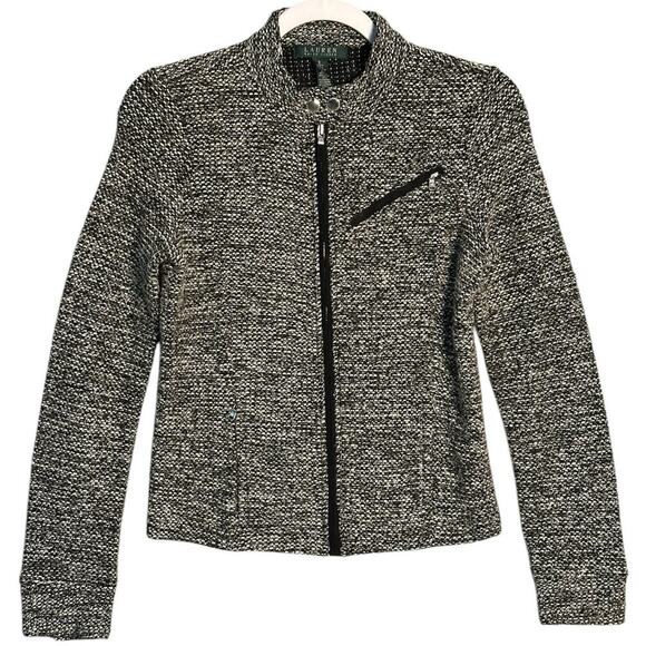 Lauren Ralph Lauren Sz S Full Zip Tweed Boucle Moto Jacket Mock Neck Zip Pockets - Picture 1 of 10